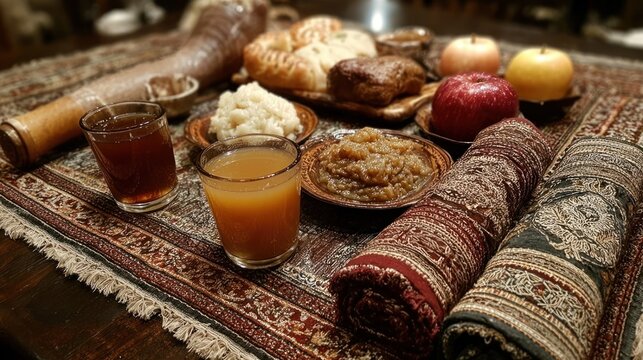 Traditional Rosh Hashanah setup with shofar, food, and tallit prayer shawl