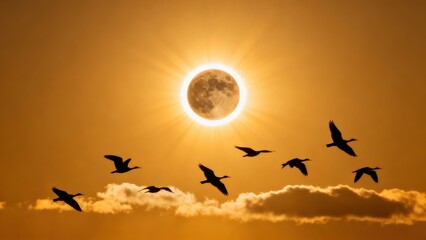 Obraz premium Birds flying during a solar eclipse