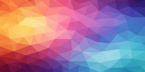 Fototapeta premium A vibrant geometric background composed of interconnected triangles in a stunning gradient of warm oranges, pinks, blues, and purples, creating a dynamic and modern abstract design.