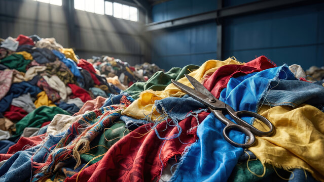Vast piles of colorful fabric scraps and scissors in a textile recycling warehouse.