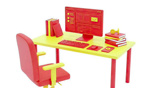 3D Illustration of a Red and Yellow Desk Setup with Computer and Books