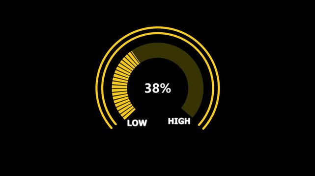 Glowing digital gauges move from high overload to safe low levels, presentation template, needle, indicator, warning message, risk assessment icon from 100 to 0. tension indicator icon.4k motion video