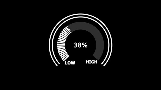 Glowing digital gauges move from high overload to safe low levels, presentation template, needle, indicator, warning message, risk assessment icon from 100 to 0. tension indicator icon.4k motion video