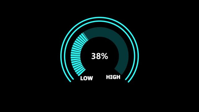 Glowing digital gauges move from high overload to safe low levels, presentation template, needle, indicator, warning message, risk assessment icon from 100 to 0. tension indicator icon.4k motion video