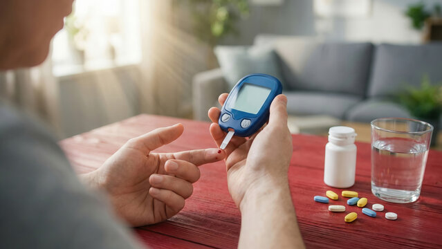 A person checks their blood sugar level with a glucometer at home, managing diabetes.