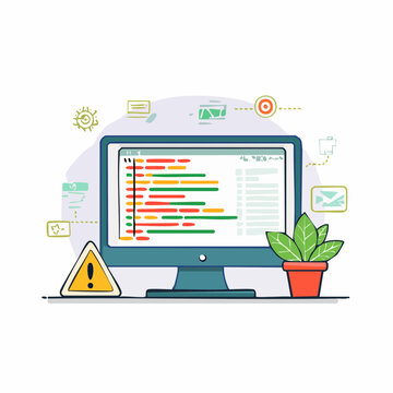 Computer screen displaying code with warning sign and plant