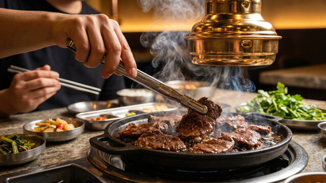 Person grilling delicious marinated Korean BBQ meat on a hot plate in a restaurant setting.
