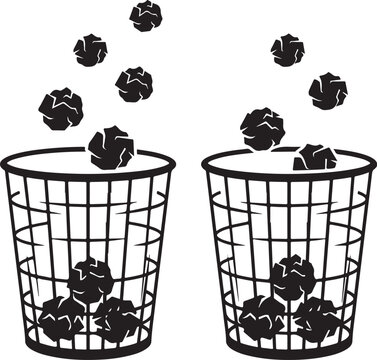 Trash can bin icon set. Waste basket vector illustration. Crumpled paper ball icon. Office garbage container. Minimalist flat design silhouettes. Recycling symbol. Junk disposal. Wire mesh basket grap