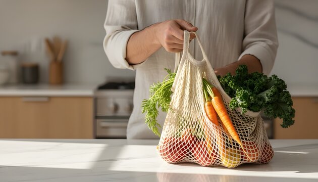 Close-up of a man carrying a reusable produce bag filled with fresh organic vegetables in a bright kitchen for a zero waste and sustainable lifestyle concept