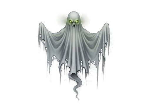 Scary ghost with glowing green eyes isolated on white background