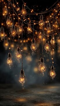Transparent background with glowing Christmas string lights, festive and magical illumination