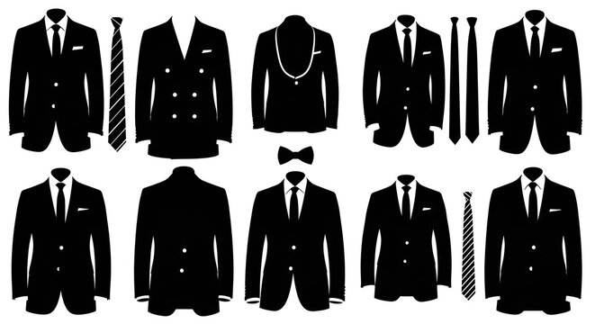 Collection of Men's Suit Jackets and Necktie Silhouettes on White Background