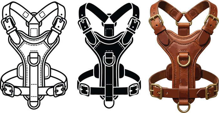 Collection of dog harness designs featuring outline solid black and realistic brown leather styles ideal for pet accessory branding and product illustration