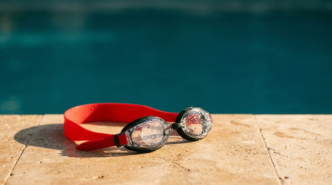 Swimming goggles on the edge of a pool