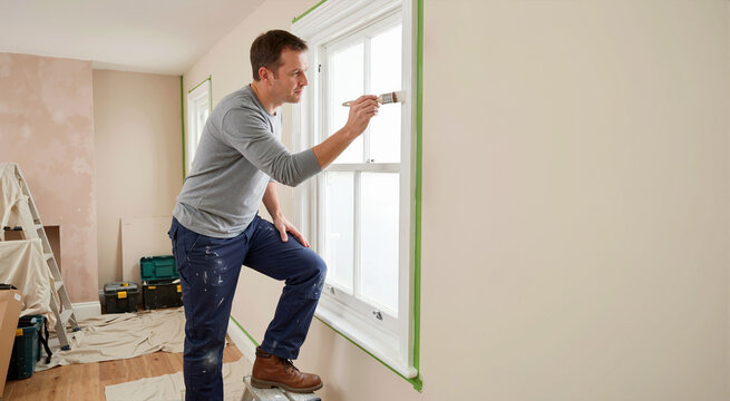 Man painting window frame trim with a brush. Male painter standing on a step stool using green masking tape for detail work. Home interior decorating and renovation project