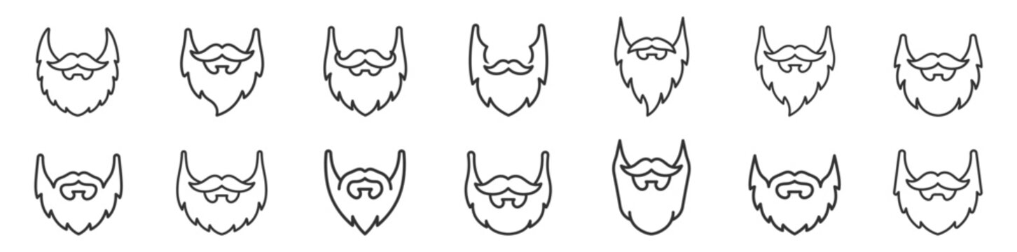 set of male beard and mustache line icons collection on transparent background