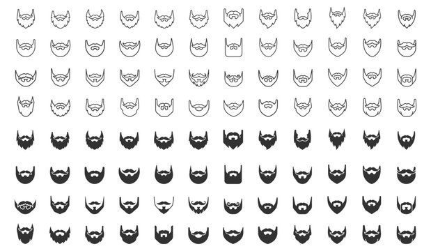 set of beard and mustache icon vectors for male facial hair styles and grooming on transparent background