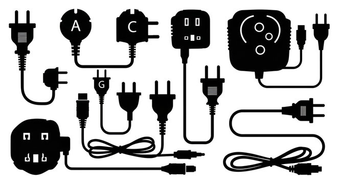 Solid Black Silhouettes of Power Plugs, Travel Adapters, and Cables on White Background