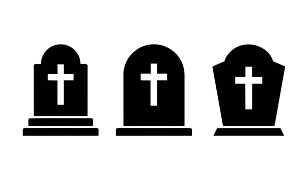 Tombstone Icon Set Featuring Cemetery Headstones with Christian Cross Symbols in Dark Gray Silhouette Funeral Memorial Vector Graphic Templates