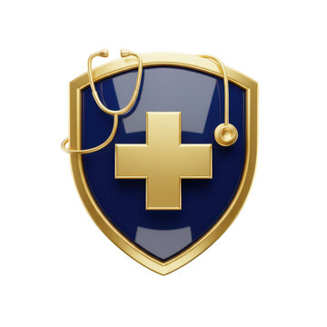 Medical shield icon with golden cross and stethoscope