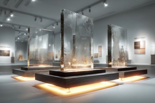 Transparent glass frames displayed on podiums, soft shadows, minimal background