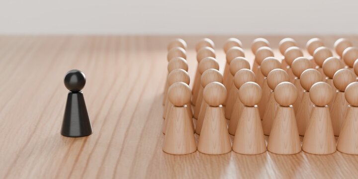 3d wooden pawn figurines, with one highlighted in a different colour, teaching and education, giving a speech