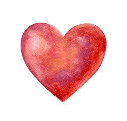 Fototapeta premium Hand painted watercolor red heart isolated on white background. Romantic love symbol for Valentine's Day, wedding invitations, greeting cards, anniversary designs, and romantic projects.