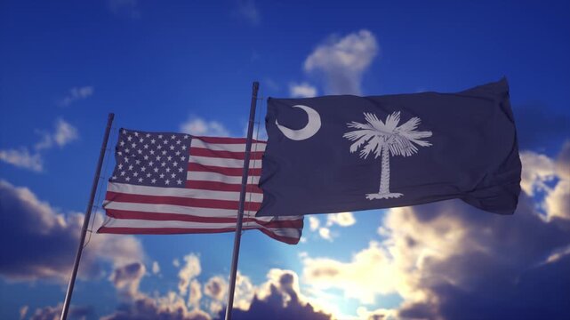 South Carolina Flag Beside United States Flag In Windy Evening Light