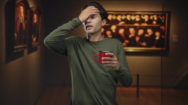Man holding red mug and gesturing with one hand while speaking in an art gallery building; thoughtful contemplation.