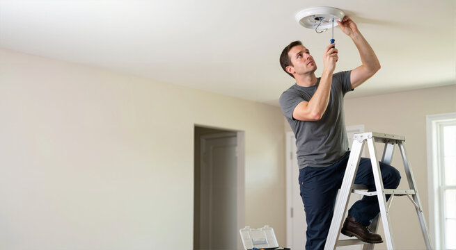Man standing on stepladder installing ceiling light fixture with screwdriver. Electrician repairing electrical wiring in empty room. Home renovation concept