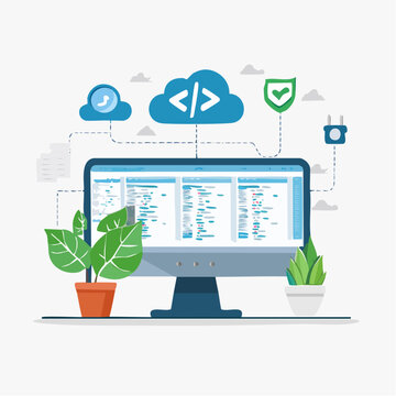Computer screen with code, cloud, and plants in flat design