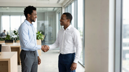 Two smiling Black businessmen shaking hands in modern office. Male professionals closing a deal or greeting. Corporate partnership concept
