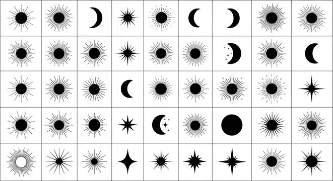 Black Celestial Silhouettes Grid of Sunbursts Moons and Stars