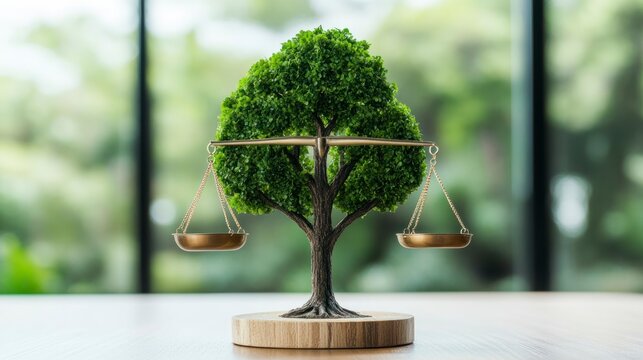 Balance scale tree symbol on wooden table