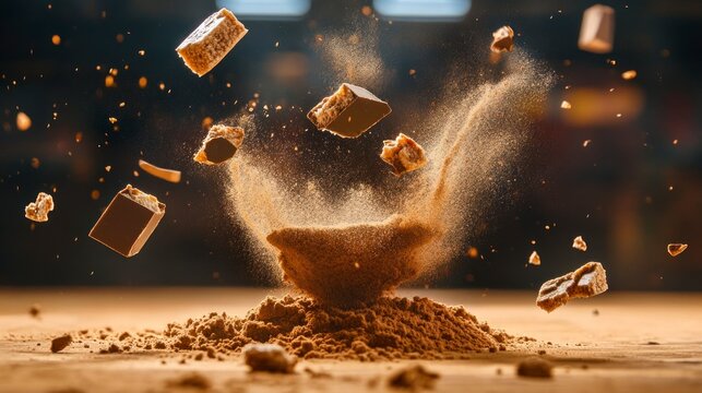 Chocolate pieces exploding into cocoa powder