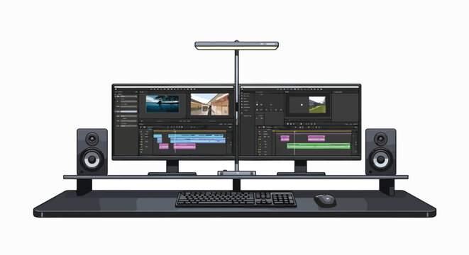High-angle shot of a dual-monitor computer workstation with speakers and adjustable arm on a white background.