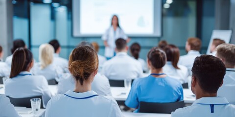 Fototapeta premium Medical professionals attending hospital training seminar in conference room for continuing education and clinical staff development