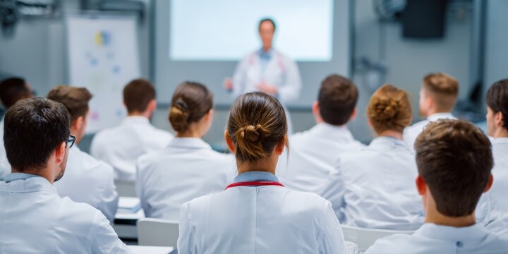 medical students in white coats attending a lecture in a modern classroom with instructor and projection screen for clinical training