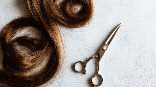 Chestnut hair strands and professional haircutting scissors on textured white background for wig making and hair extension styling