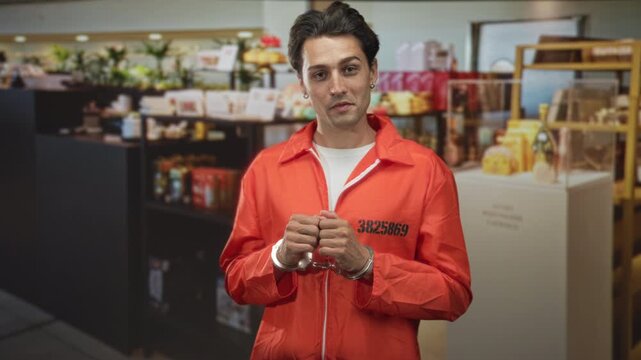 Man young handsome in orange inmate jumpsuit with printed number and metal handcuffs clasping hands in building retail shop display; remorse reflection.