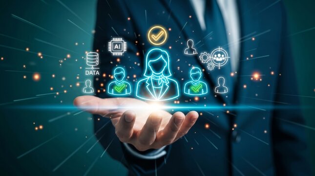 Businessman holding business leadership network for human resources team management and workforce selection