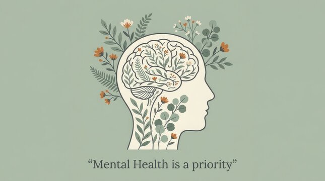 Mental health awareness illustration with flowers in brain for World Mental Health Day campaign