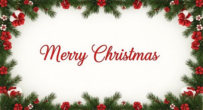 Merry christmas festive border evergreen branches and red poinsettia floral design