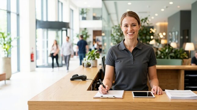 Smiling female assistant standing behind a reception counter in a modern lobby. Friendly receptionist with clipboard and tablet ready to help customers. Hospitality and customer service concept