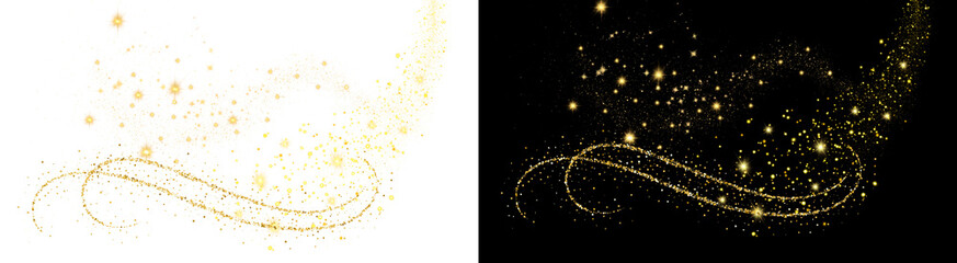 Elegant golden magic dust swirl with sparkling stars and glowing particles flowing in a dynamic curve on transparent background © NURUN