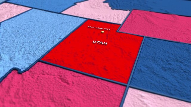 Looped 3D election map animation of the United States zooming into Utah state, featuring red, blue, purple and green political outcome variations.