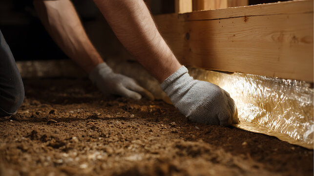 Professional worker install moisture barrier in crawl space, repair or protect property from water damage, termite treatment, pest control, close up