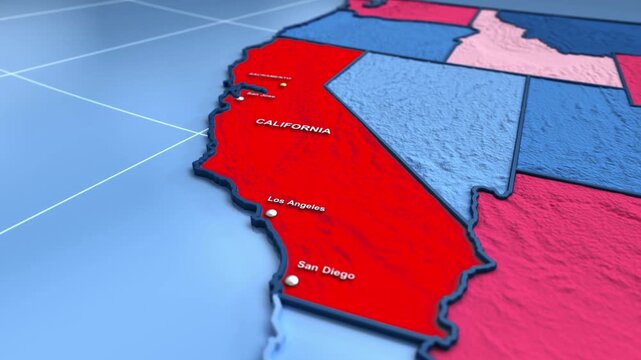 Looped 3D election map animation of the United States zooming into California state, featuring red, blue, purple and green political outcome variations.
