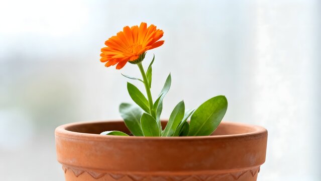 Orange flower in terracotta pot