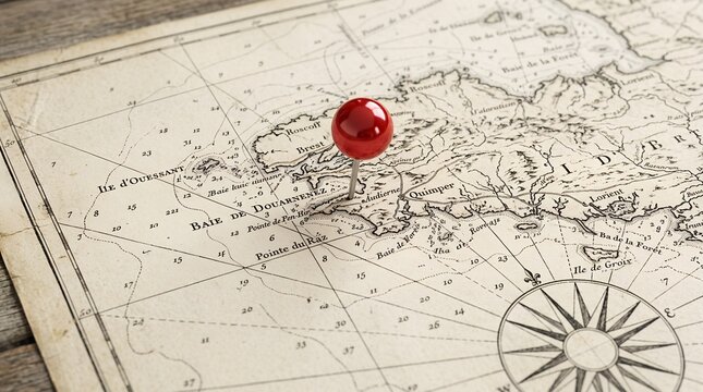 Glossy red location pin standing on a detailed vintage nautical map, marking a coastal area with labeled bays, islands, depth markings, compass directions, and aged paper texture